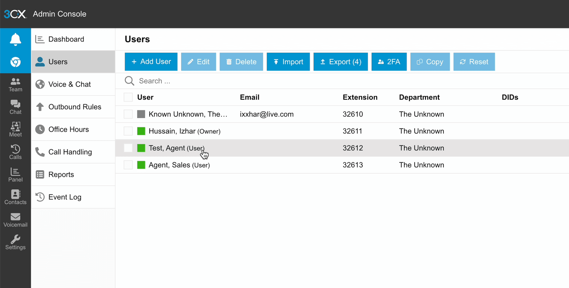 3CX Extensions Management Interface showing created extensions 32612, 32610, and 32613]