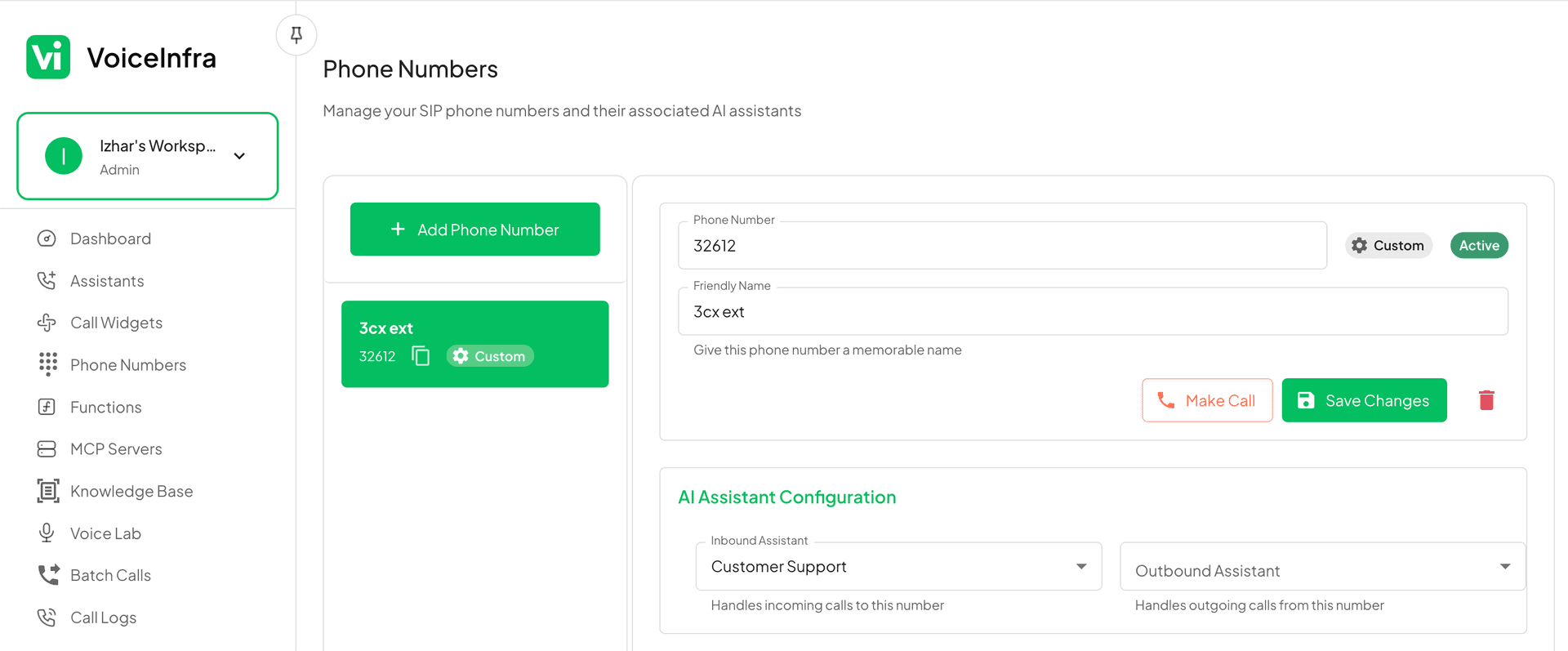 VoiceInfra portal showing extension configuration and AI agent assignment to extension 32612]