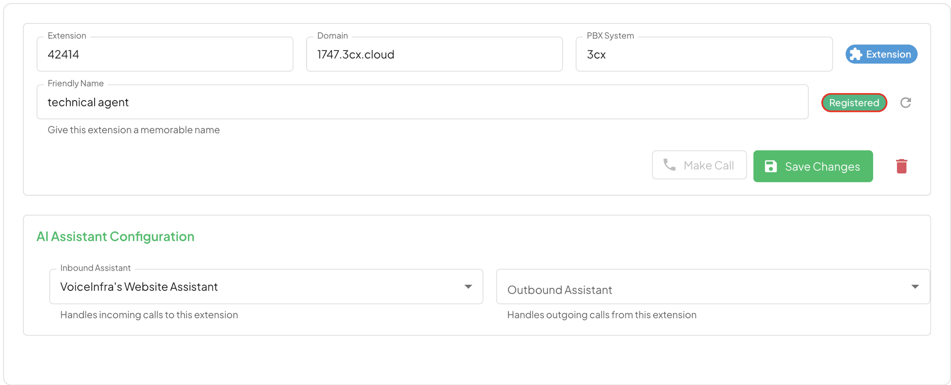 Extension status showing -Registered- with a green indicator and active connection details