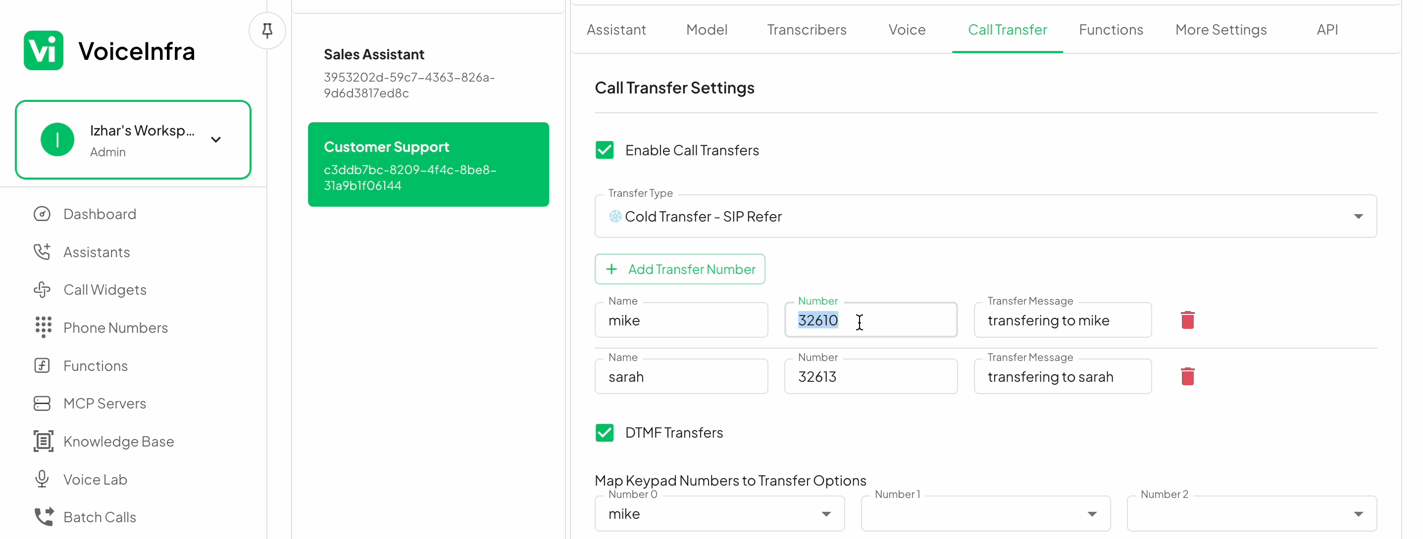 VoiceInfra call transfer settings showing configured transfer extensions and options